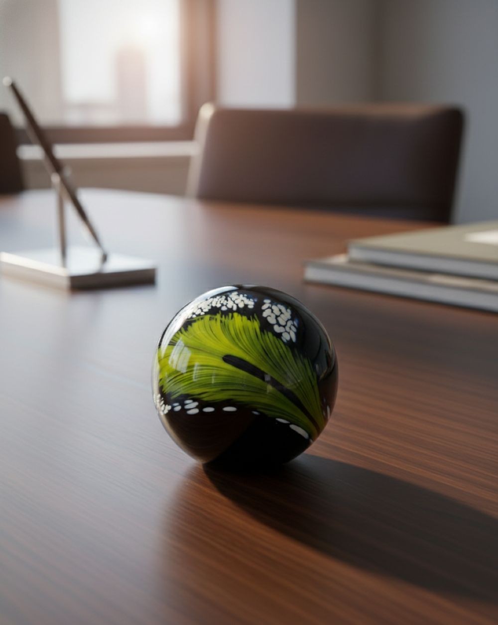 Skleněné těžítko černé s pírkem - obrázek