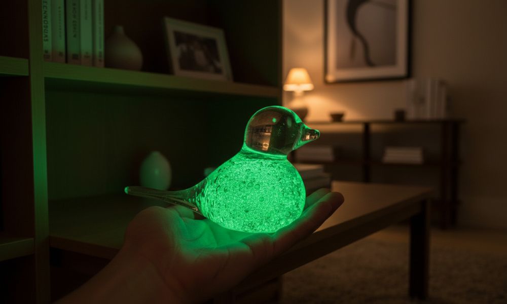 Skleněný ptáček s fluorescenčním pigmentem ZELENÝ - obrázek