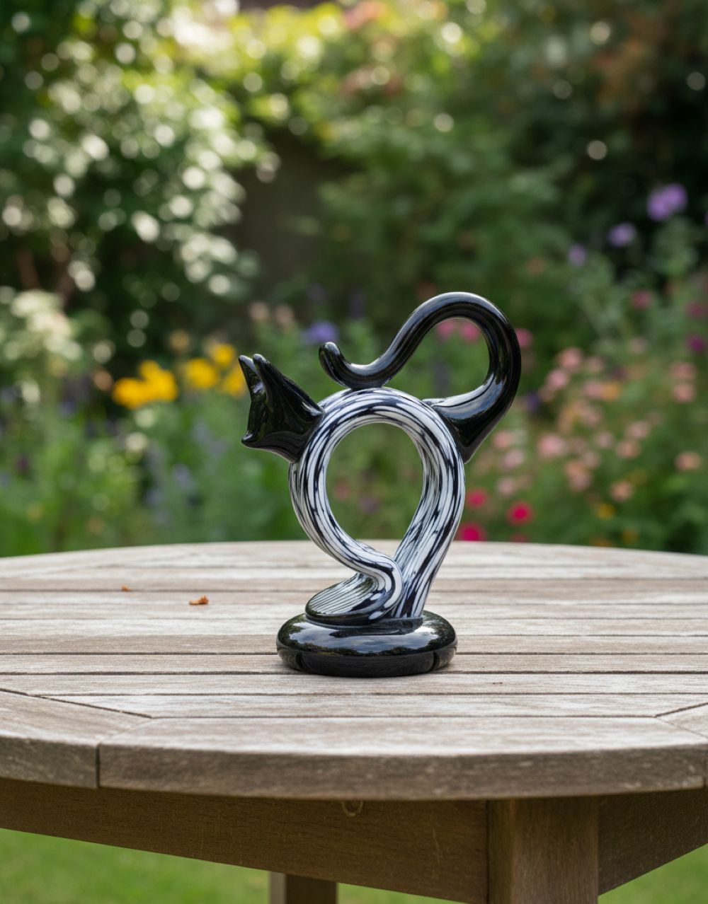 Skleněná kočička Černá s bílými broky - obrázek