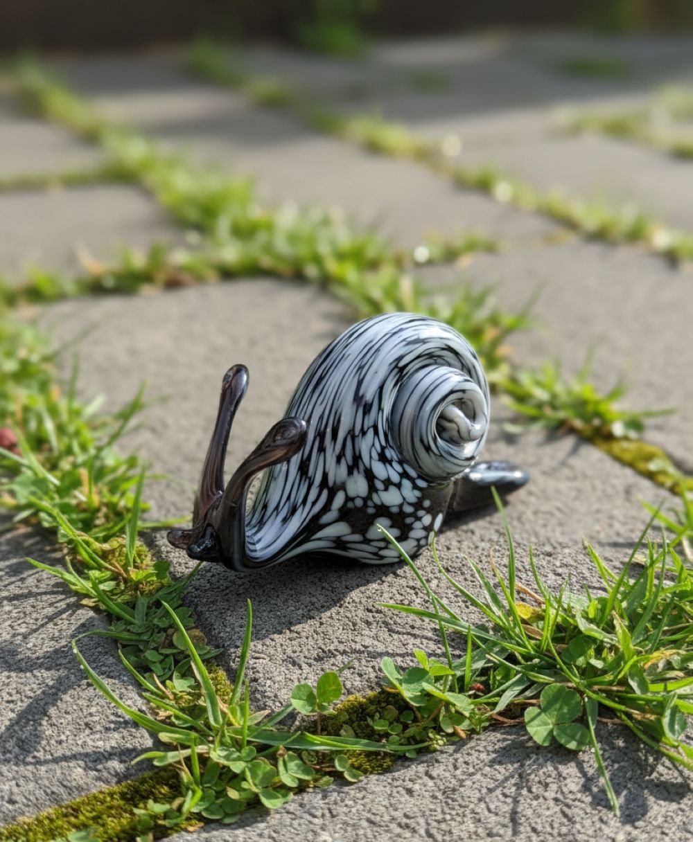 Skleněný šnek černý s šedými bročky - obrázek