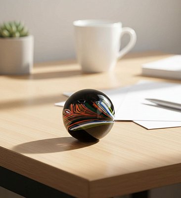 Skleněné těžítko černé s pírkem v multi barvě - obrázek