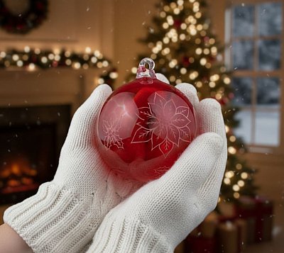 Skleněná vánoční ozdoba s vypískovaným motivem ČERVENÁ 8cm - obrázek