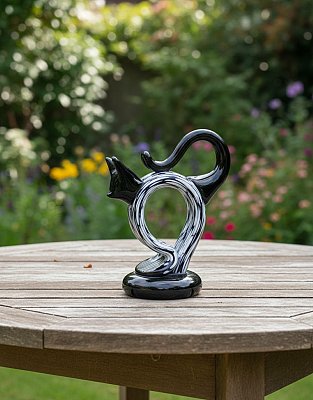 Skleněná kočička Černá s bílými broky - obrázek